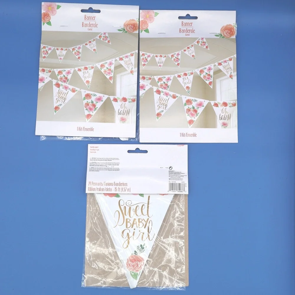 Amscan Sweet Baby Girl Banner Bunting 24 Pennants 15ft Ribbon Floral Rose Gold
